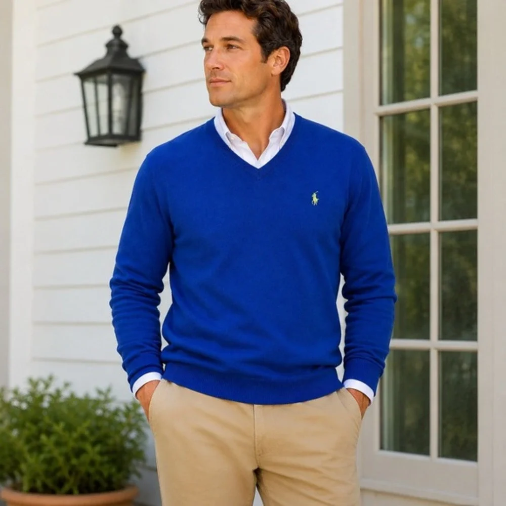 Polo‎ Ralph Lauren Cobalt Blue Sweater Mens XL Cotton Preppy Coastal Logo V-Neck